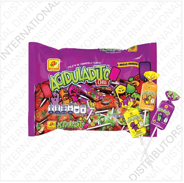 thumbnail image 2 of De La Rosa Aciduladito Candy - Sweet & Sour Chewy Pops With Chili 2 of 12