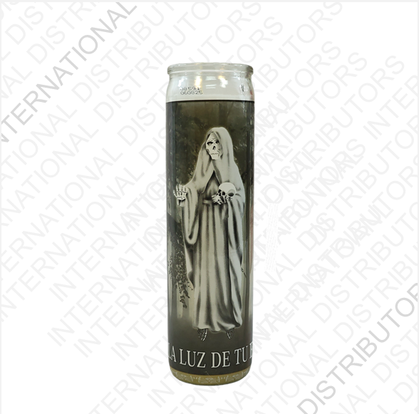 Item No.14512 VELADORA MEXICO SANTISIMA MUERTE WHT CAPE  12ct