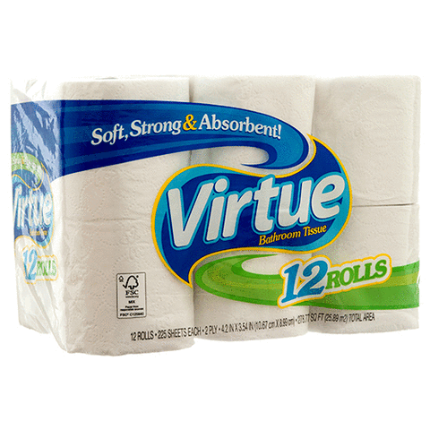 VIRTUE BATH TISSUE UNSCENTED 2PLY 4/12ct